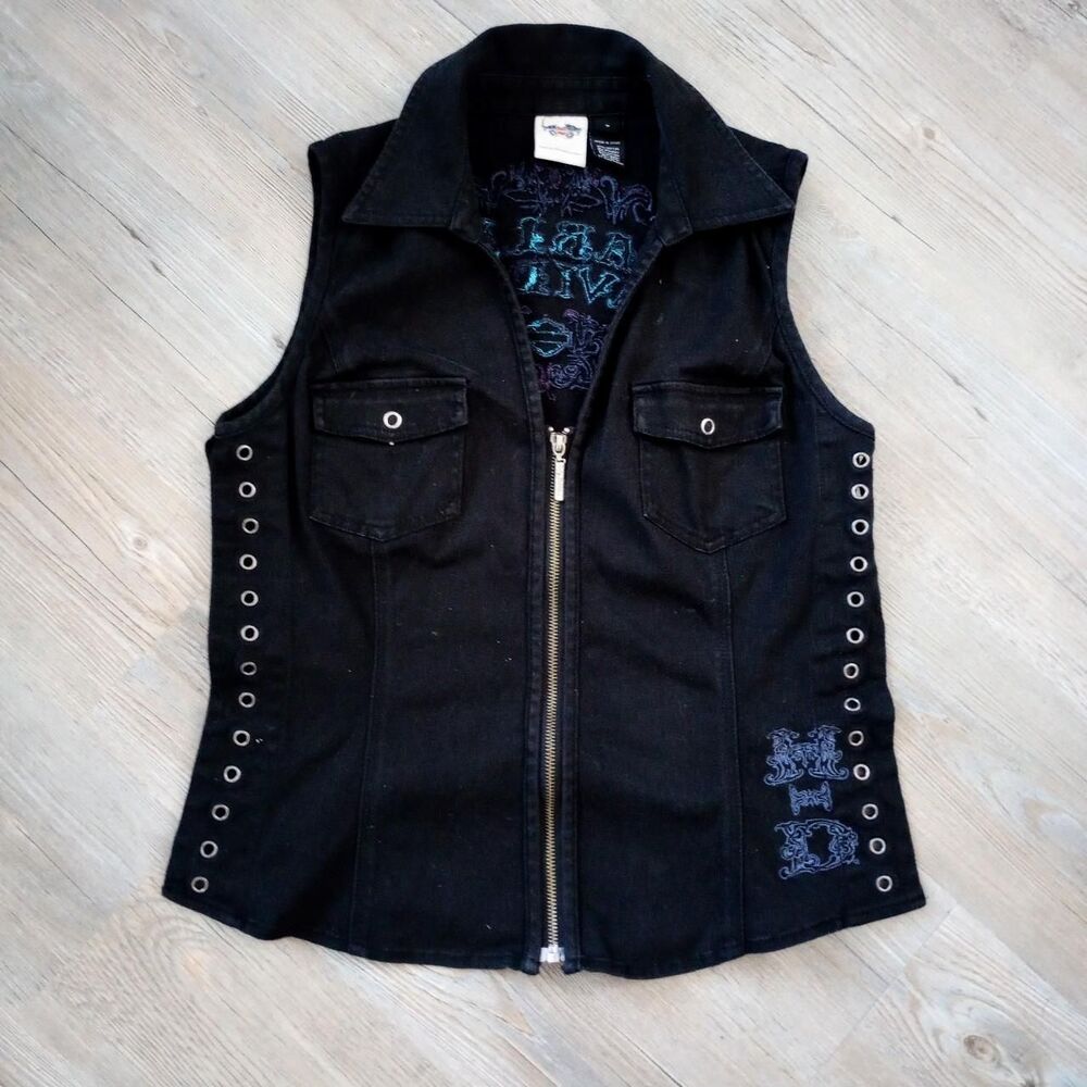 Y2K Harley Davidson Black Lace-Up Grunge Vest